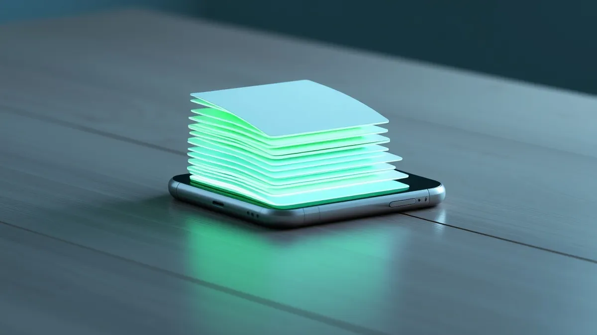 Illustration: A smartphone rests on a wooden table with its screen glowing brightly.