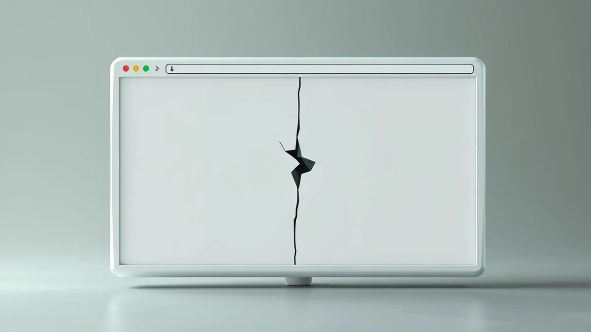 Illustration: A generic web browser window displays a blank white page with a subtle, jagged crack running through the center of the screen.