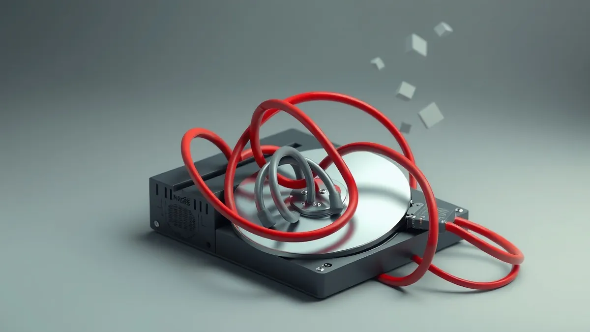 Illustration: A tangled knot of red and grey cables emerges from a cracked server chassis, with one strand wrapping tightly around a hard drive platter.
