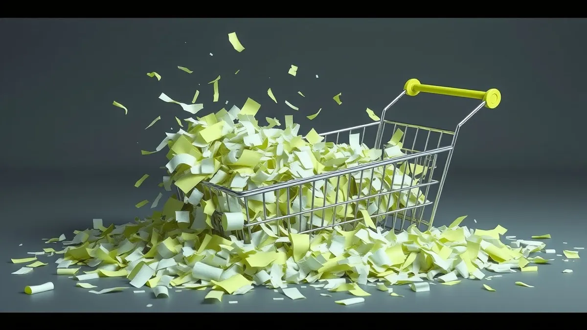 Illustration: A chaotic pile of shredded digital paper fragments spills from a cracked, hollowed-out shopping cart lying on its side.