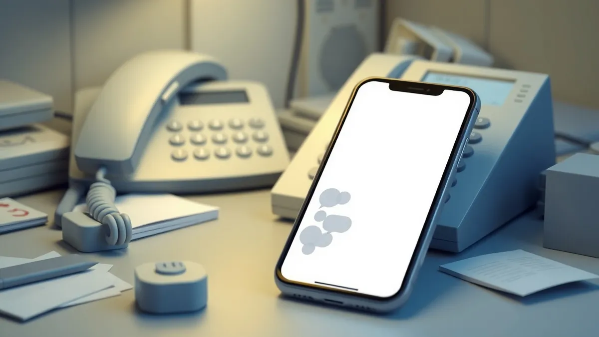 Illustration: A smartphone rests on a cluttered office desk, its screen displaying a blank messaging interface with abstract gray bubbles.
