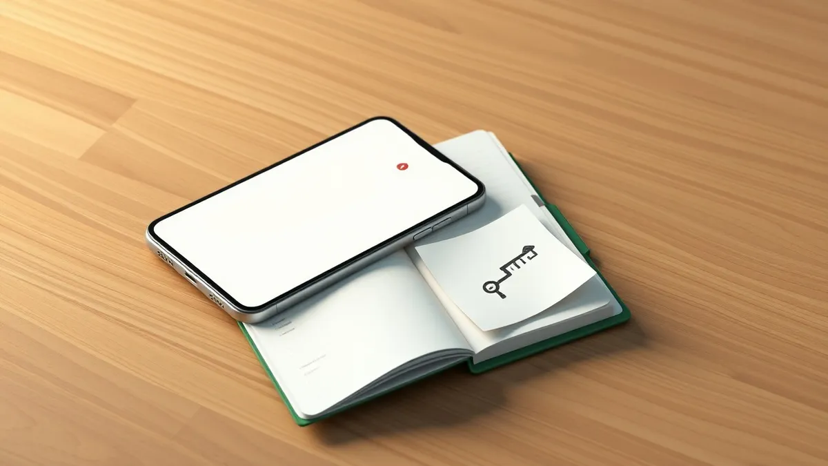 Illustration: A sleek smartphone rests on a wooden table, its screen displaying a blank password manager interface with a single red warning icon.