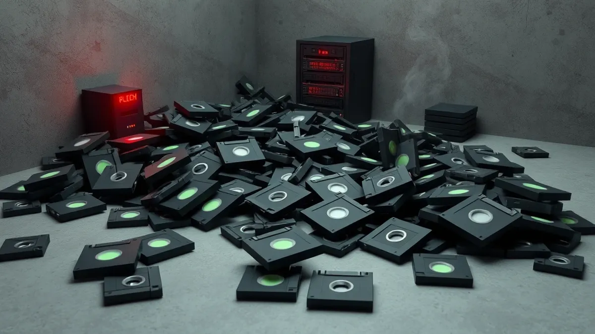 Illustration: A tangled heap of black magnetic tape cartridges lies scattered across a concrete floor, twisted and melted by heat.