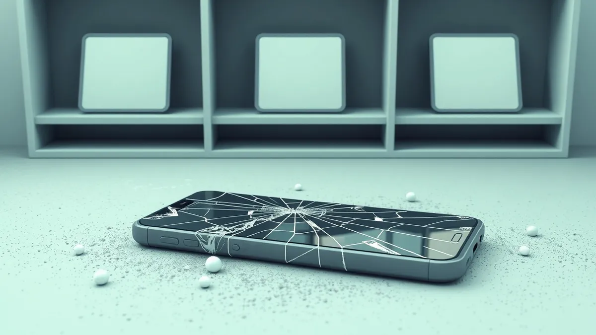 Illustration: A shattered smartphone lies on a dusty floor, its screen cracked into a spiderweb of white lines.