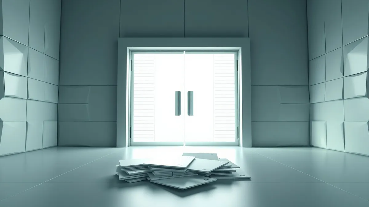 Illustration: A closed metal door stands before a glowing digital gateway.