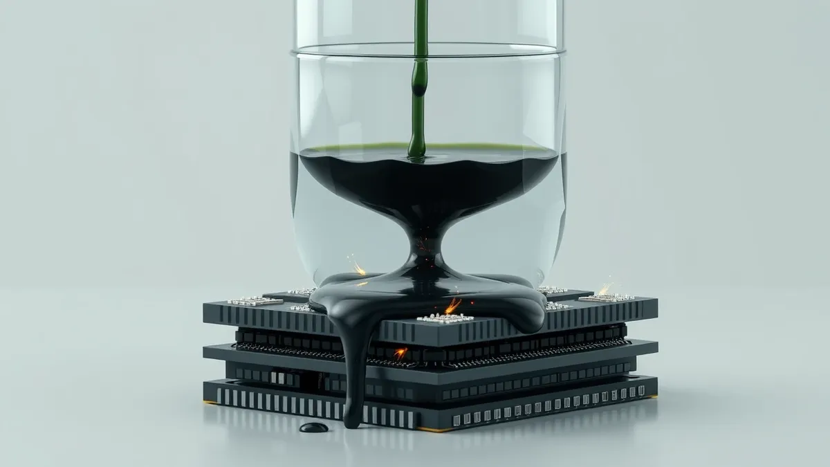 Illustration: A transparent glass tank overflows with dark liquid that spills over the rim and drips onto a stack of rigid circuit boards below.