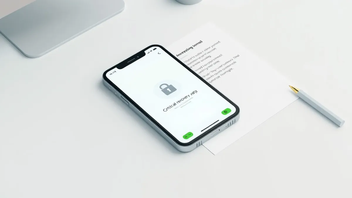 Illustration: A smartphone rests on a clean desk beside a printed sheet containing a single long string of random characters.