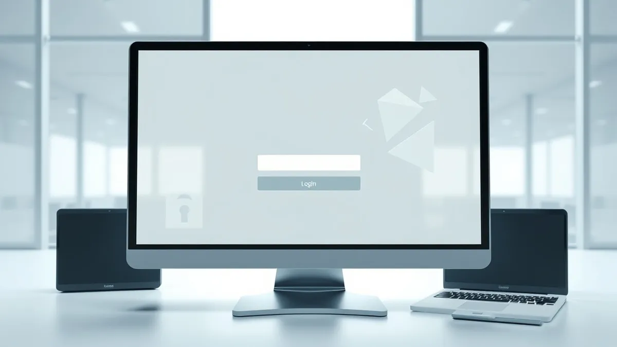 Illustration: A sleek desktop monitor displays a simple login screen with two empty fields and a single submit button.