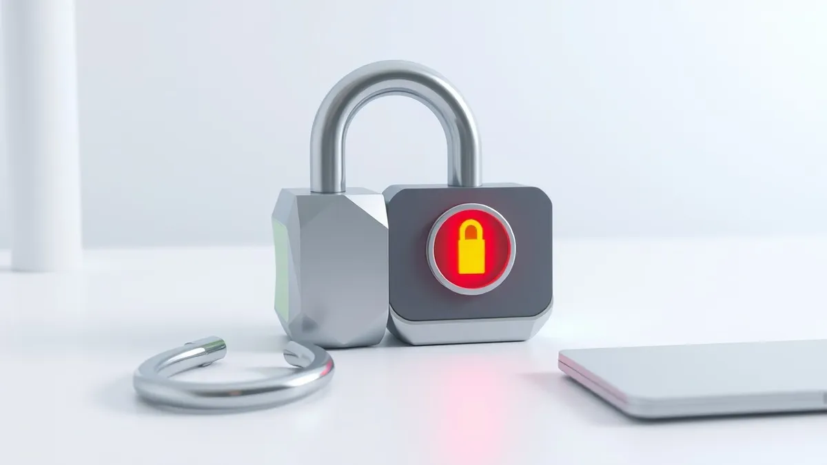 Illustration: A sleek metallic padlock sits open on a clean white desk, its shackle lifted and resting loosely beside the base.