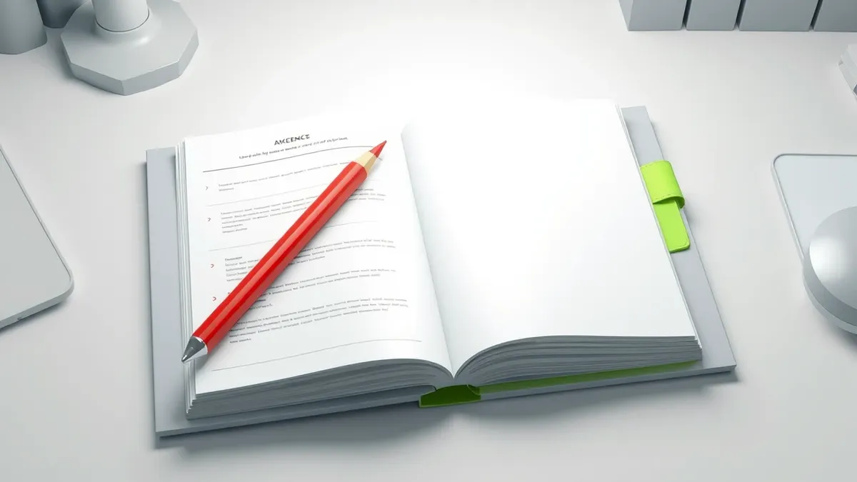 Illustration: An open binder lies on a clean desk, displaying blank pages with distinct sections marked by simple geometric dividers.