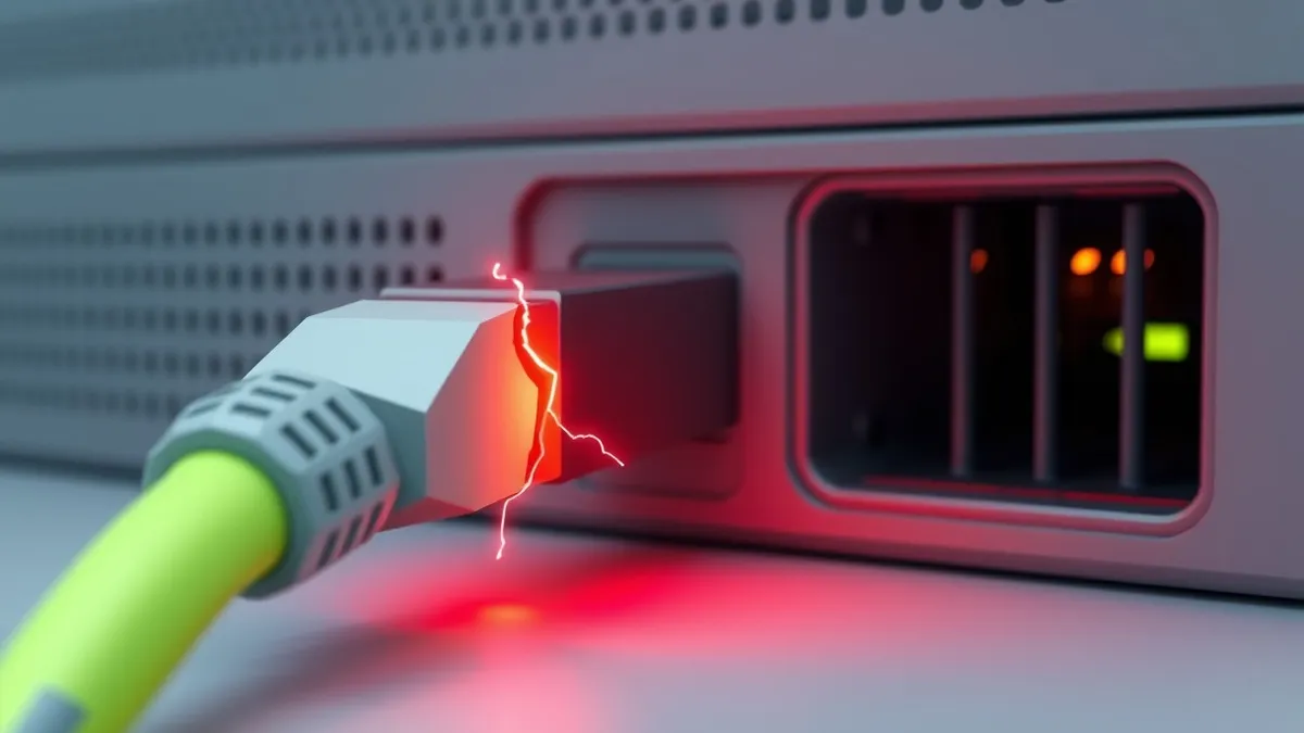 Illustration: A database connection cable plugs into a server port, but a jagged red crack splits the connector housing.