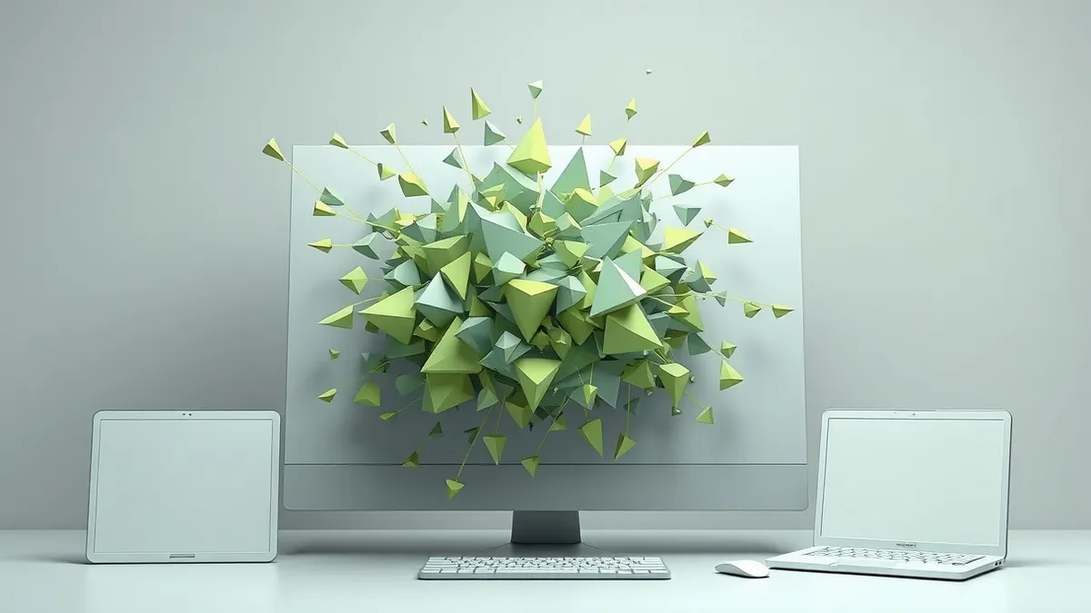 Illustration: A tangled, chaotic knot of jagged geometric shapes erupts violently from the smooth, rectangular frame of a web browser window.
