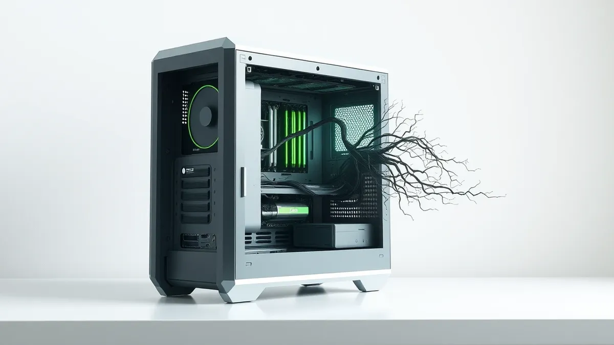 Illustration: A pristine computer tower sits on a clean white desk, its side panel removed to reveal shiny, dust-free internal components.