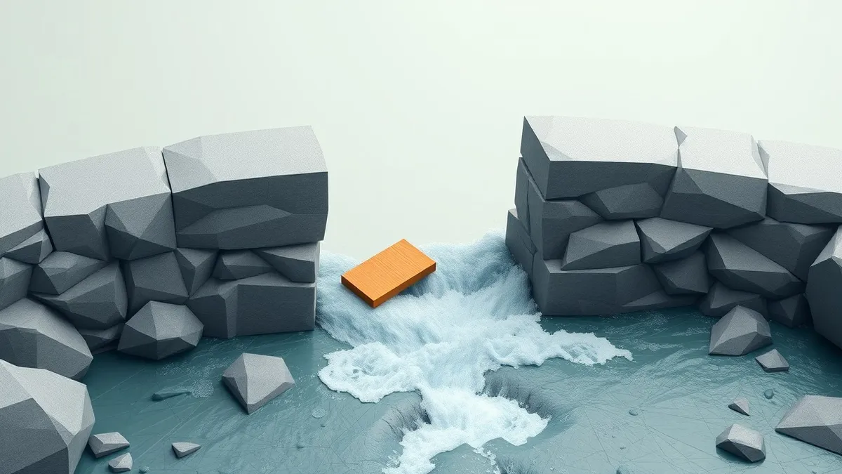 Illustration: A cracked stone bridge lies severed by a rushing river, symbolizing a broken connection.