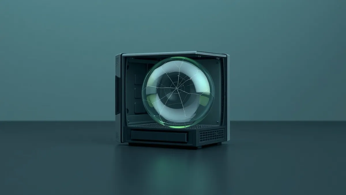 Illustration: A single server node sits isolated on a dark floor, its chassis open to reveal a fragile glass bubble trapped inside the hardware.