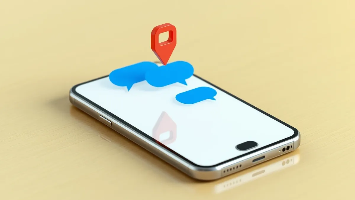 Illustration: A sleek smartphone rests on a wooden table, displaying a minimalist web browser window with abstract blue chat bubbles.