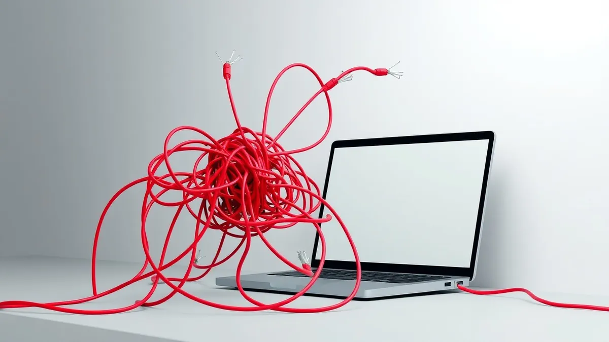 Illustration: A tangled knot of red and black wires connects a generic laptop to a blank monitor.
