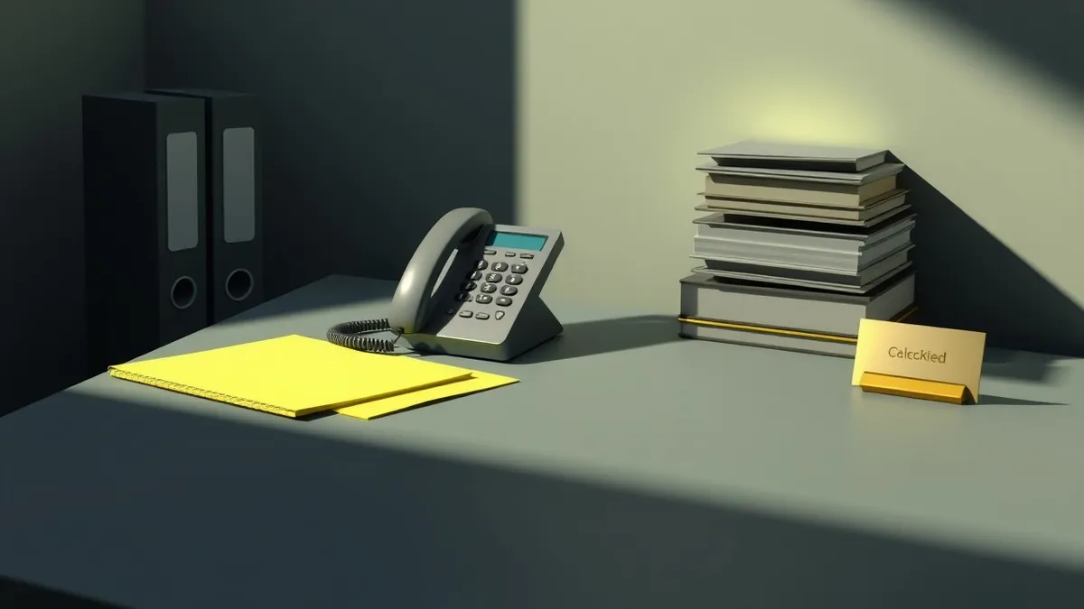 Illustration: A sleek office desk holds a ringing landline handset resting on its cradle, positioned next to a stack of blank manila folders and a polished brass nameplate, casting