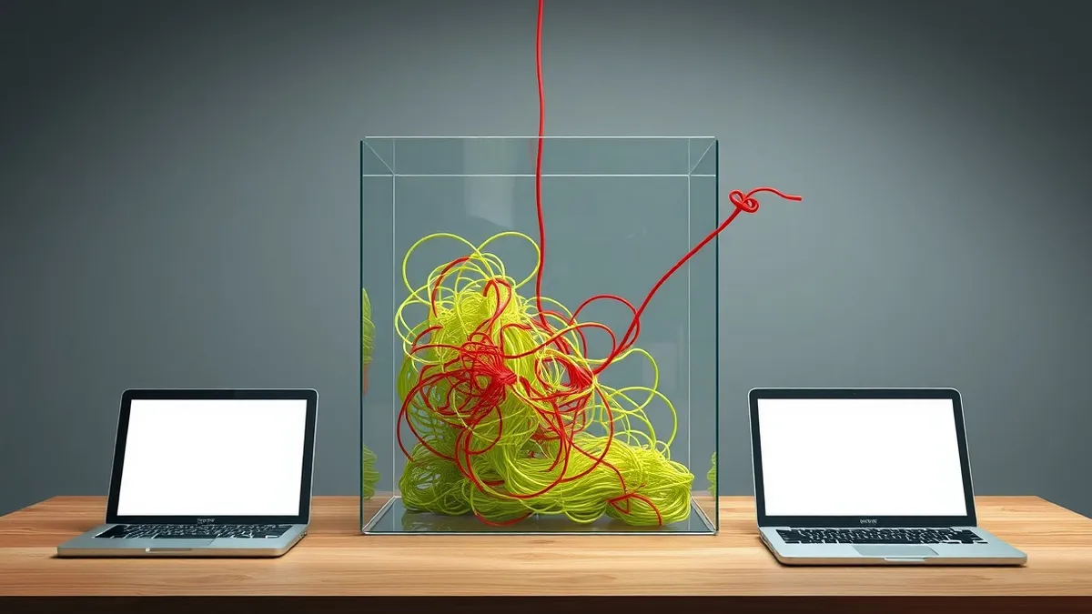 Illustration: A transparent glass box filled with tangled, colorful strings sits on a wooden table.