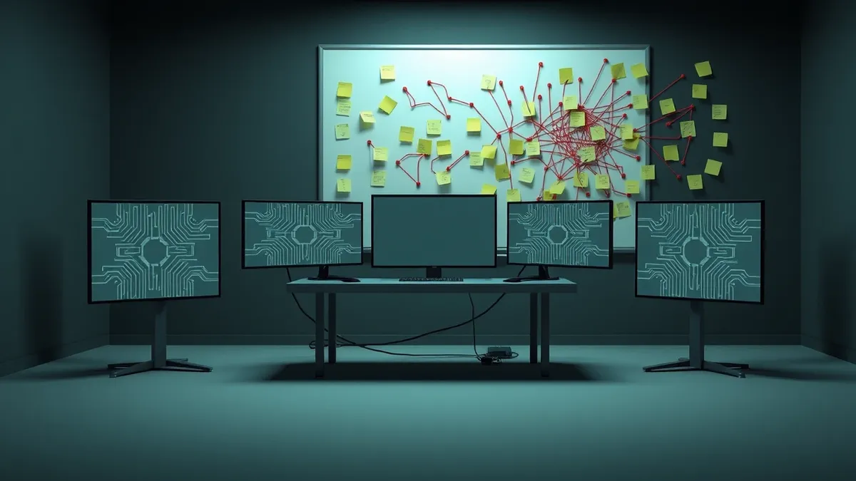 Illustration: A dark room contains a single desk with multiple blank monitors displaying abstract circuit patterns.