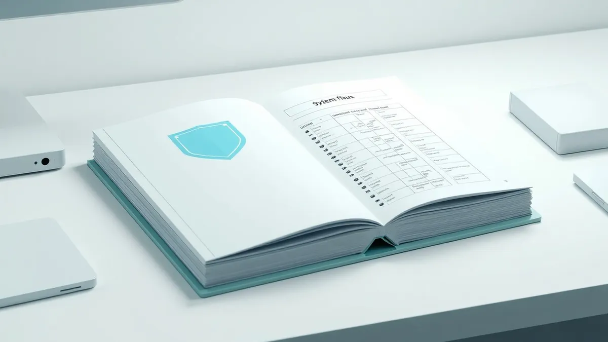 Illustration: A thick, bound technical manual rests on a clean, white desk.