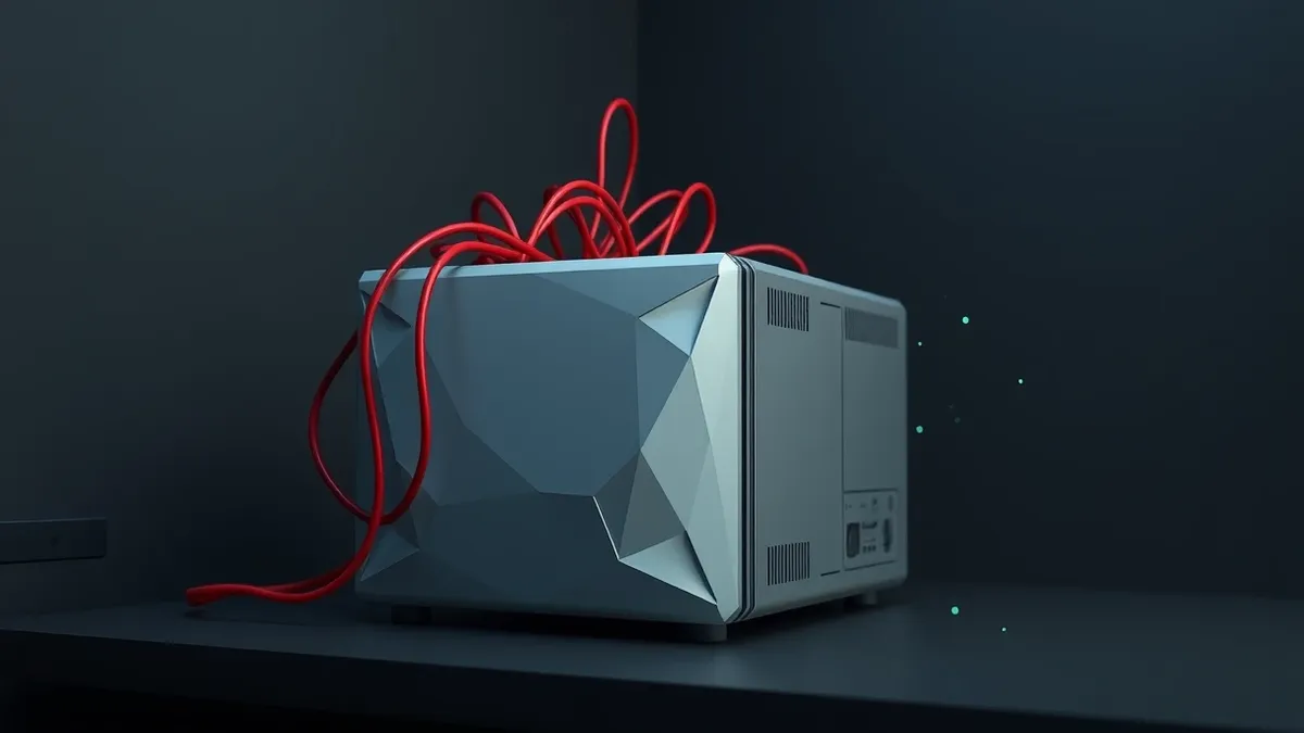 Illustration: A silver enterprise network appliance sits on a dark desk with its front panel covered in abstract geometric shapes.