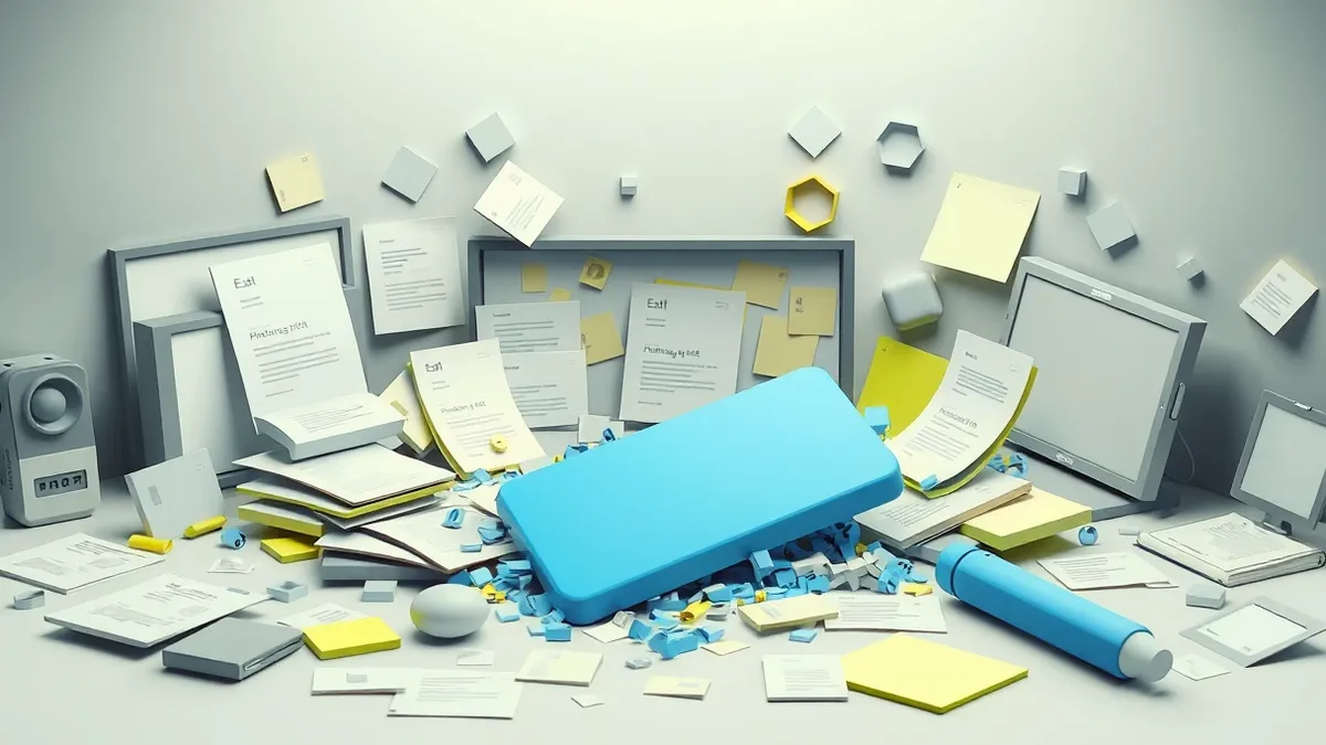 Illustration: A cluttered digital workspace displays scattered phishing kit components, including blank template files and script icons, being digitally swept away by a large, abst