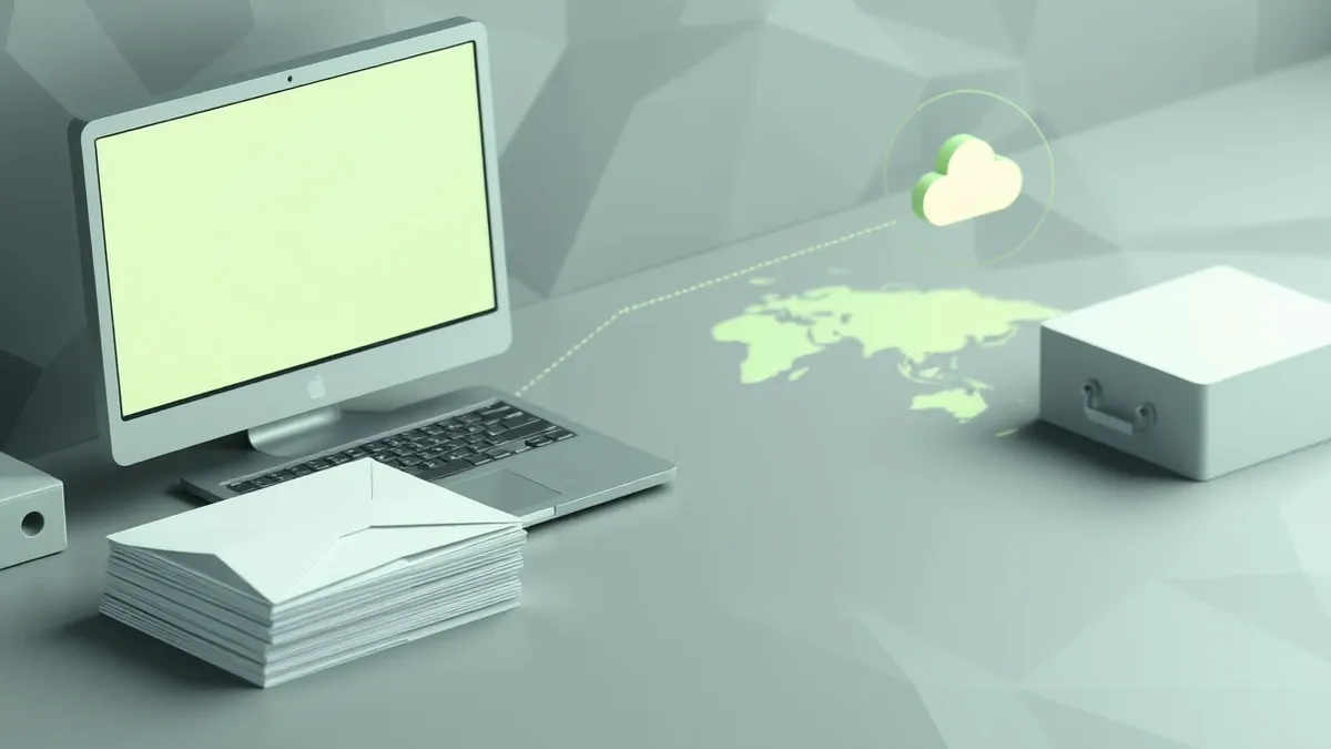 Illustration: A small office desk holds a laptop beside a stack of blank envelopes.