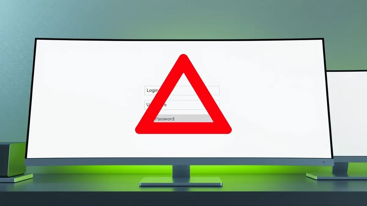 Illustration: A blank login screen sits on a monitor, displaying empty fields for username and password.