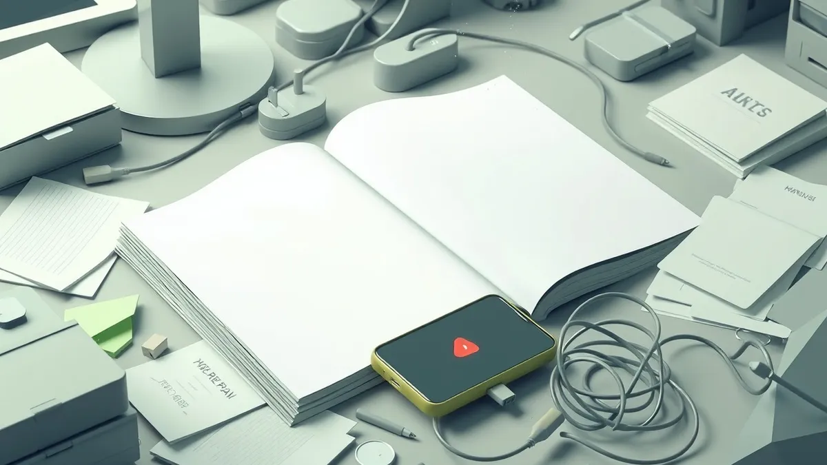 Illustration: A thick manual with blank pages lies closed on a cluttered desk next to a smartphone displaying a single red alert.