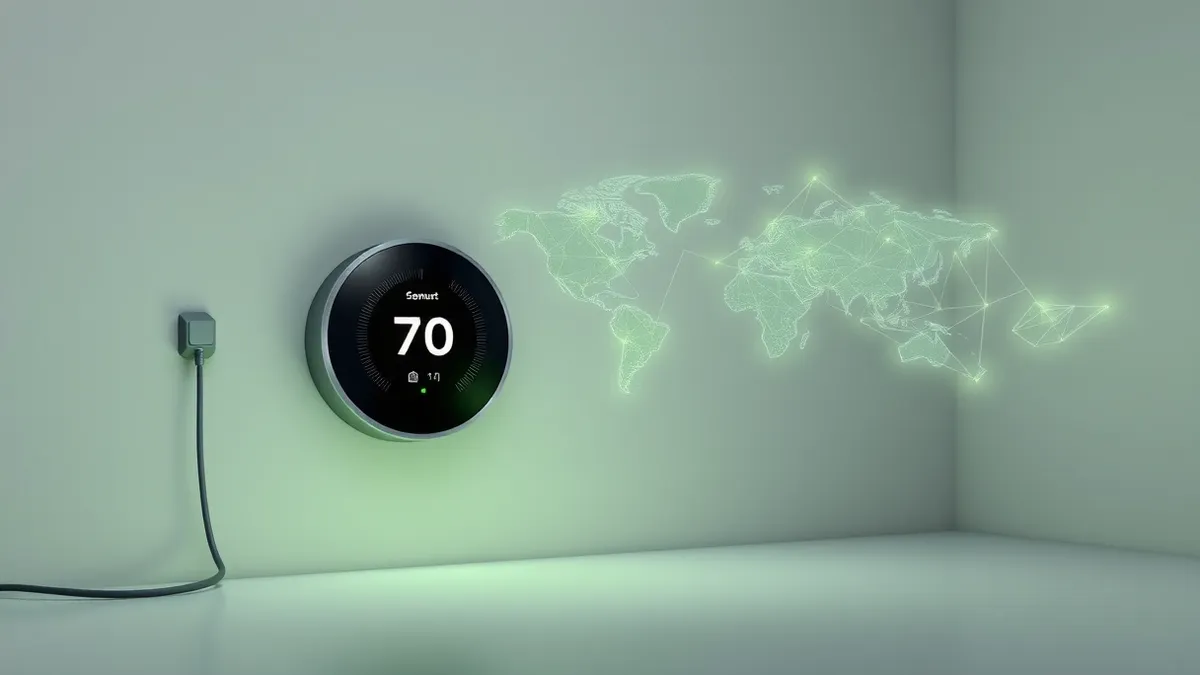 Illustration: A modern smart thermostat sits on a plain wall beside a network cable.