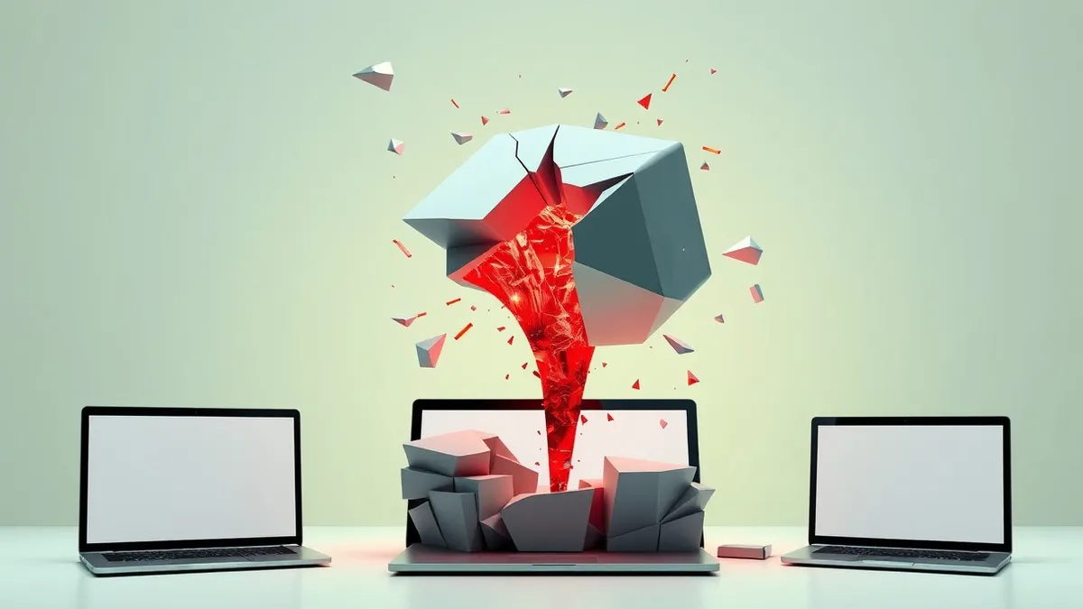 Illustration: A cracked digital brick floats above a fractured website layout.