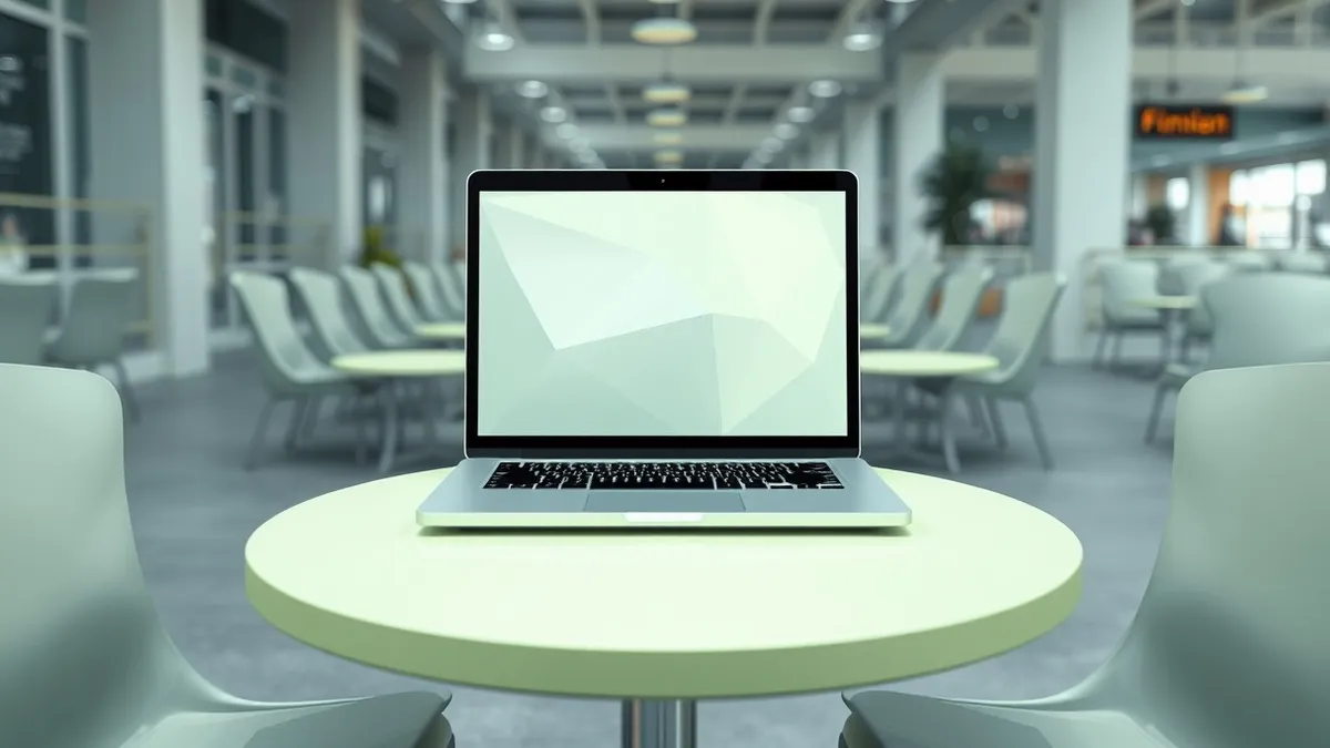 Illustration: A laptop sits on a small cafe table, its screen displaying only soft, blurred geometric shapes.