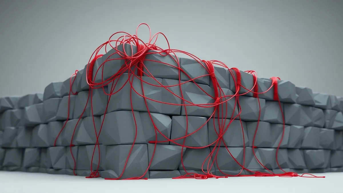 Illustration: A tangled web of thin red threads wraps around a sturdy stone wall, slipping through small cracks and under gaps.