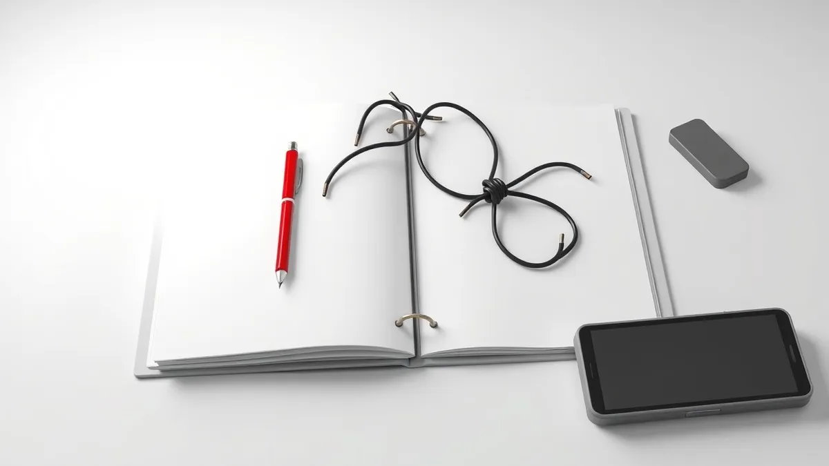 Illustration: A flat white desk holds a blank open binder, a single red pen, and a tangled knot of black telephone cords.