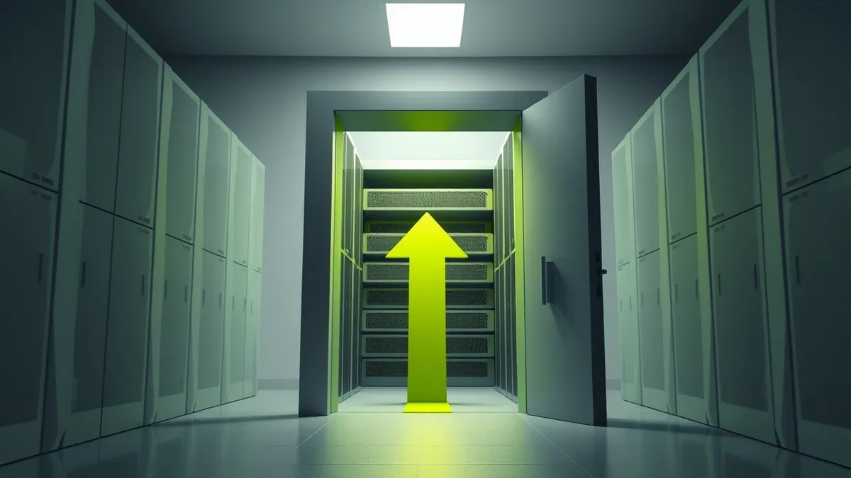 Illustration: A sleek server entrance gate stands open without a lock, allowing a shadowy digital arrow to slip past the security checkpoint directly into the inner network structu
