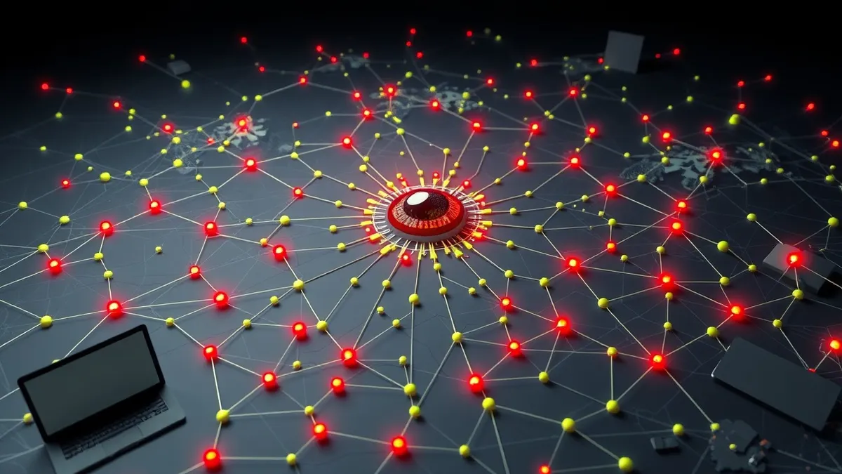Illustration: A digital map of a network sprawls across a dark workspace, with glowing red nodes highlighting vulnerable entry points.