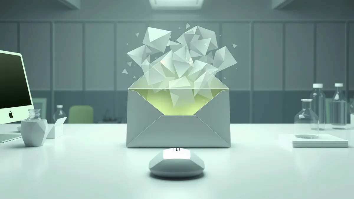 Illustration: A generic paper envelope lies open on a sterile laboratory table, releasing a translucent, shifting cloud of digital mist that swirls around a blank, empty computer m