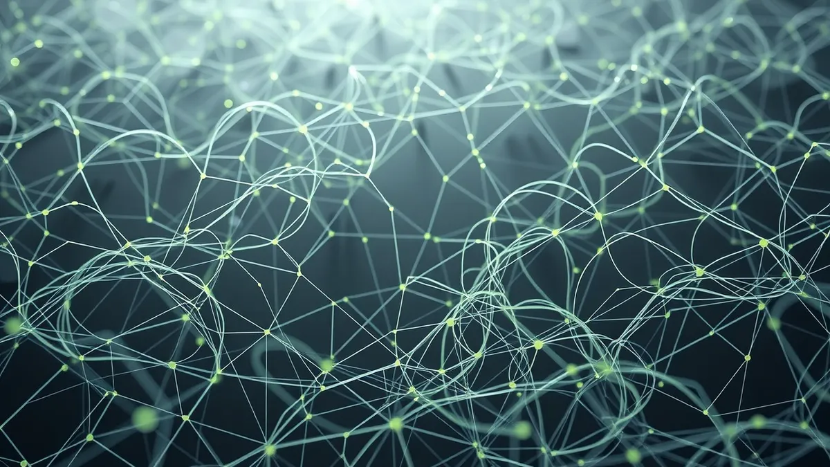 Illustration: A chaotic tangle of thin, translucent data streams weaves through a dark, sterile network landscape.