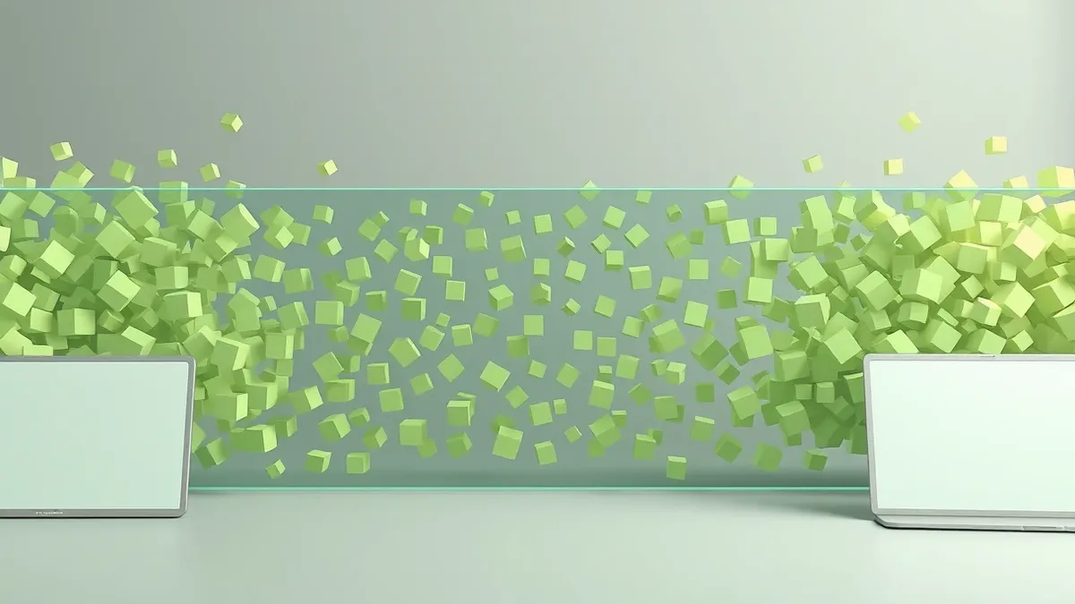 Illustration: A transparent glass barrier stands before a chaotic swarm of identical geometric cubes rushing forward.
