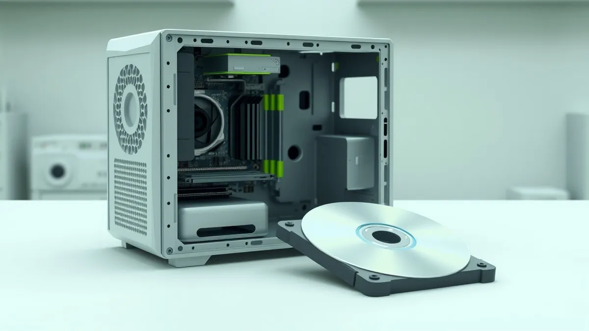 Illustration: A disassembled desktop computer case sits open on a clean workbench.
