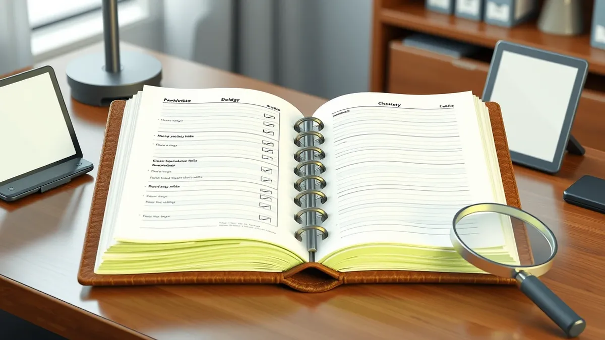 Illustration: A thick, leather-bound ledger sits open on a polished wooden desk next to a magnifying glass.