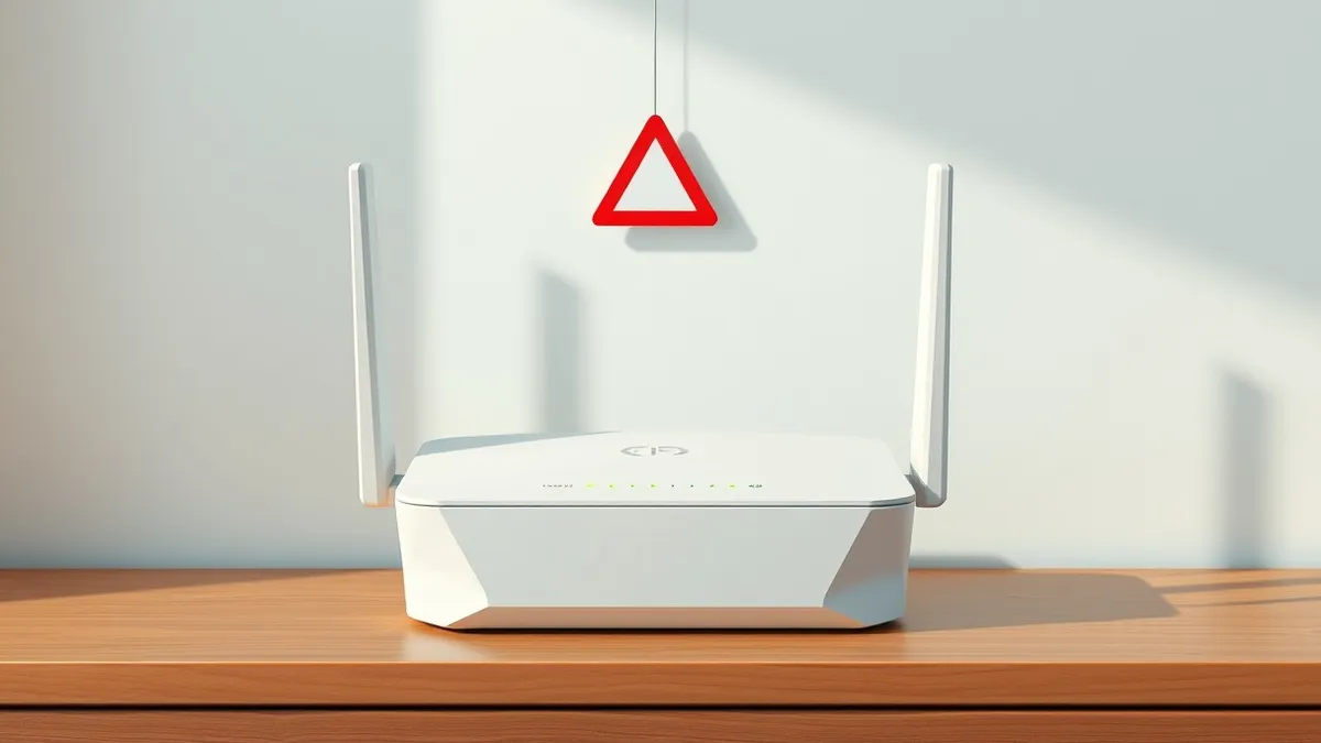 Illustration: A white consumer Wi-Fi router sits on a wooden desk, its status lights glowing steadily.