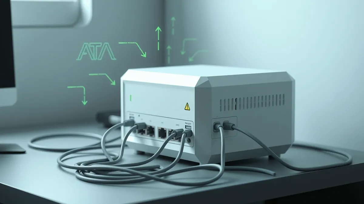 Illustration: A sleek white network appliance sits on a desk with tangled cables.