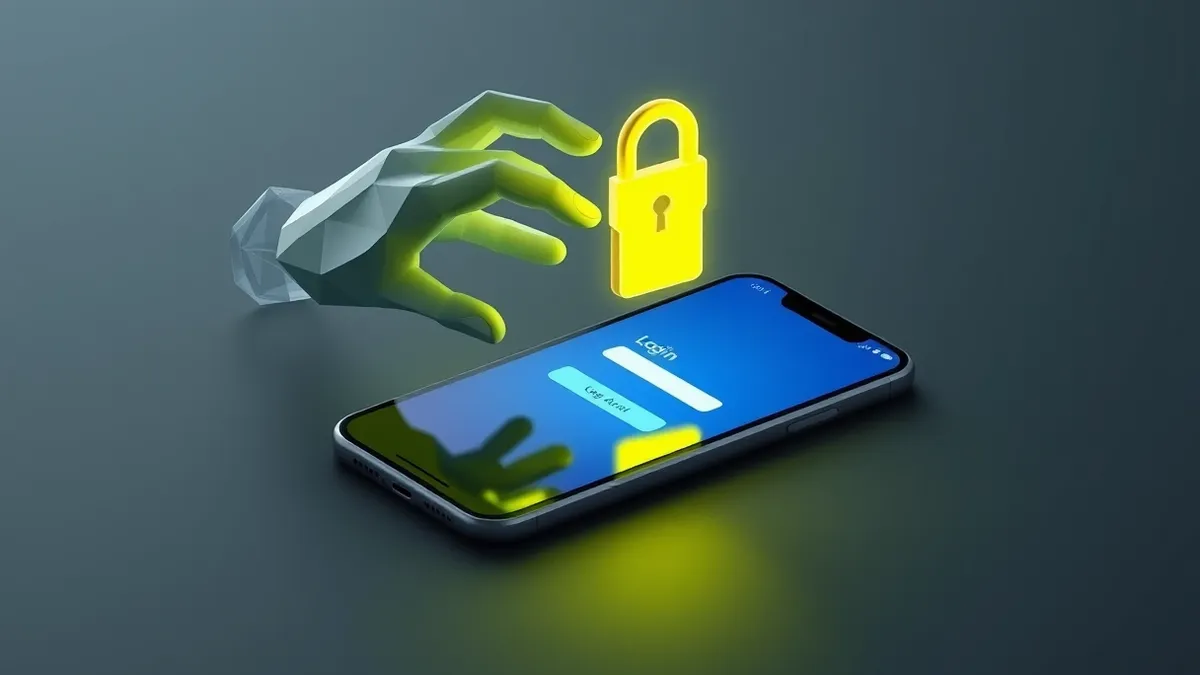 Illustration: A sleek smartphone rests on a dark surface with its screen displaying a generic blue login window.