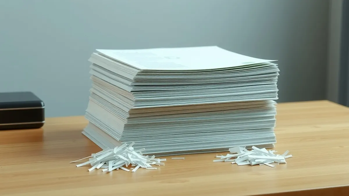 Illustration: A stack of thick paper files sits on a wooden desk.