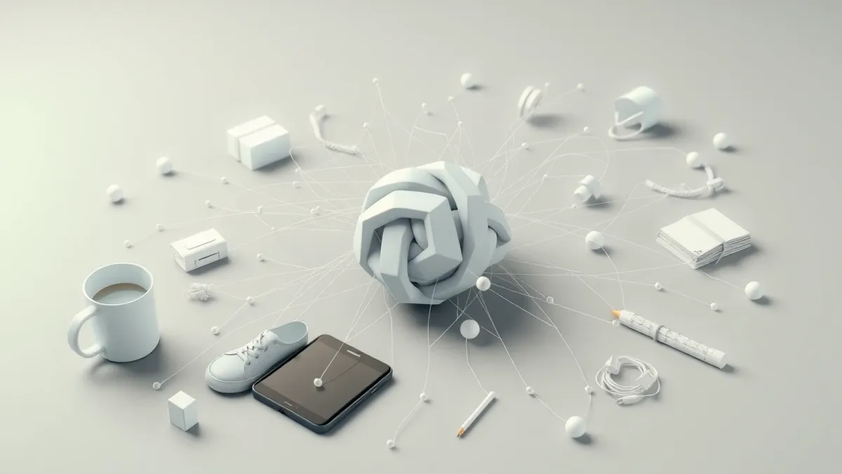 Illustration: A tangled web of thin, translucent threads connects various everyday objects like a coffee cup, a pair of shoes, and a smartphone.