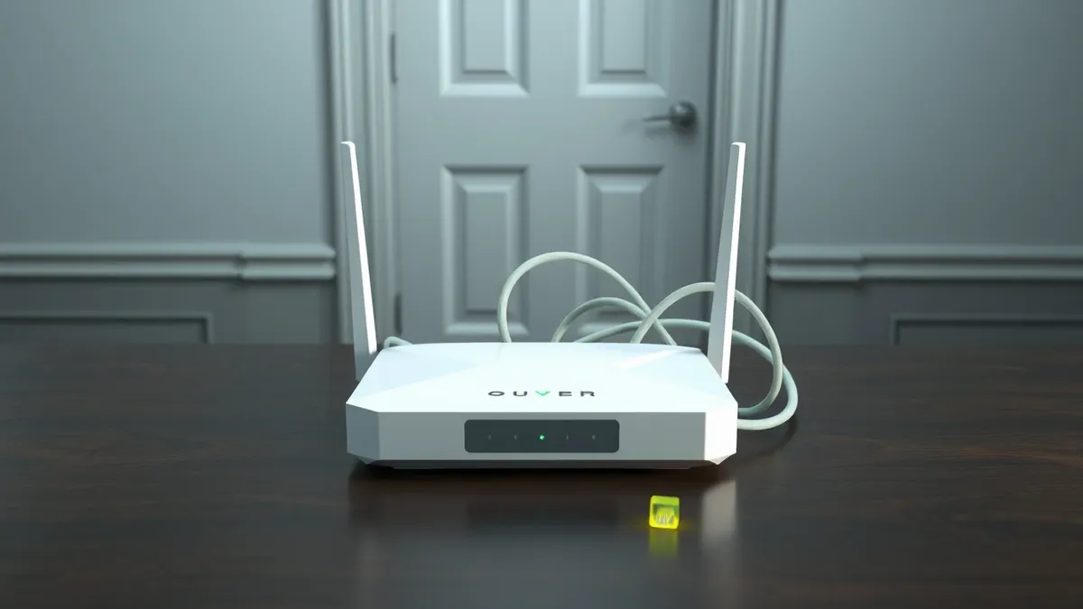 Illustration: A white router sits on a dark wooden table with its power light off.