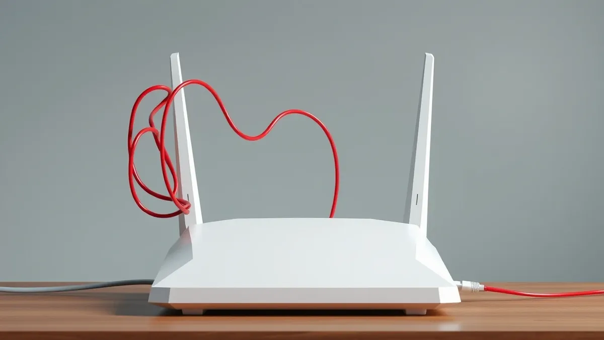 Illustration: A white wireless router sits on a wooden desk with its ethernet cable unplugged.