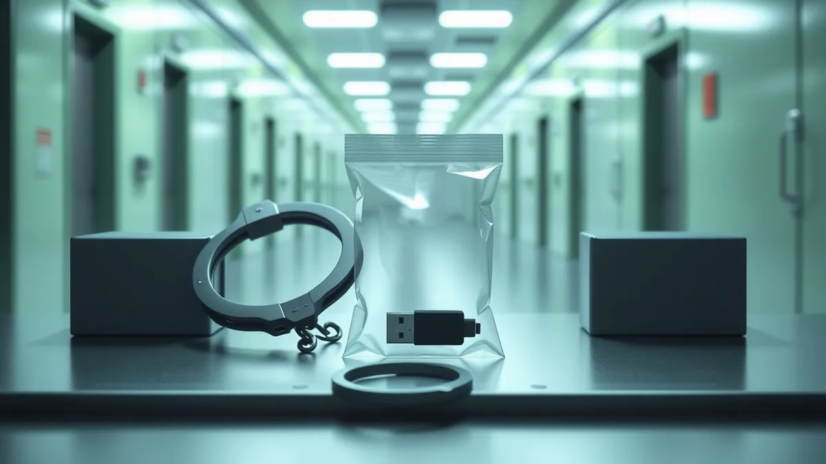 Illustration: A pair of handcuffs rests on a sterile metal desk next to a sealed evidence bag containing a single black USB drive.